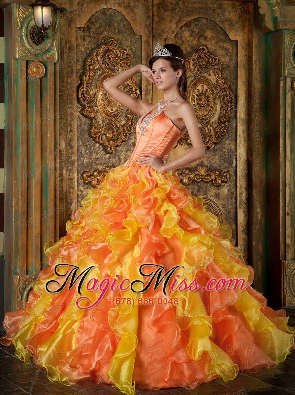 wholesale orange ball gown strapless floor-length organza ruffles quinceanera dress