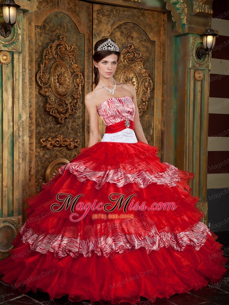 wholesale red ball gown strapless floor-length organza and zebra ruffles quinceanera dress