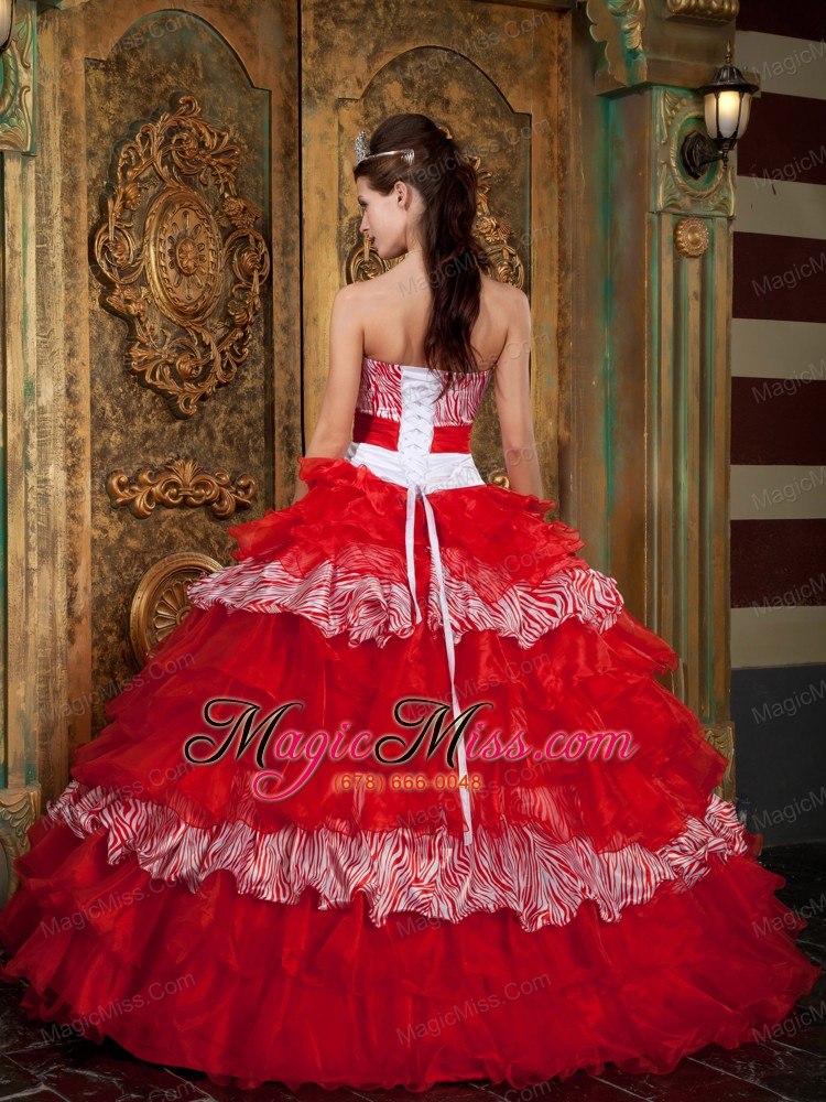 wholesale red ball gown strapless floor-length organza and zebra ruffles quinceanera dress