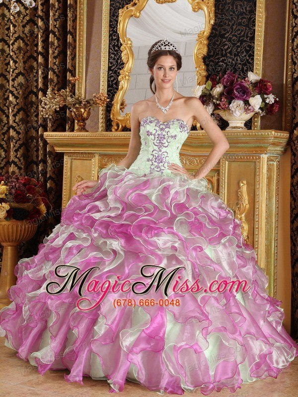wholesale fuchsia and apple green ball gown sweetheart floor-length organza appliques quinceanera dress