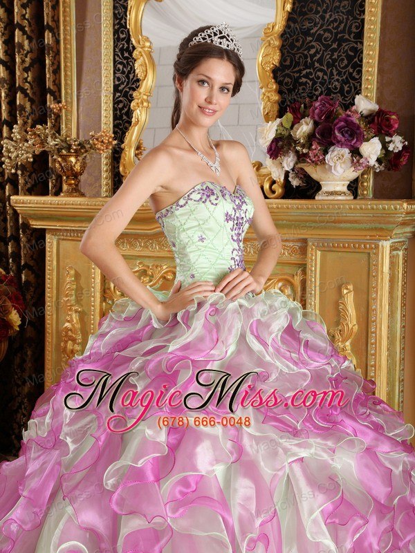 wholesale fuchsia and apple green ball gown sweetheart floor-length organza appliques quinceanera dress
