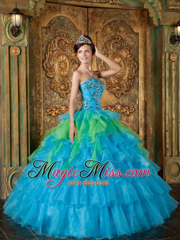 wholesale blue ball gown strapless floor-length organza ruffles quinceanera dress