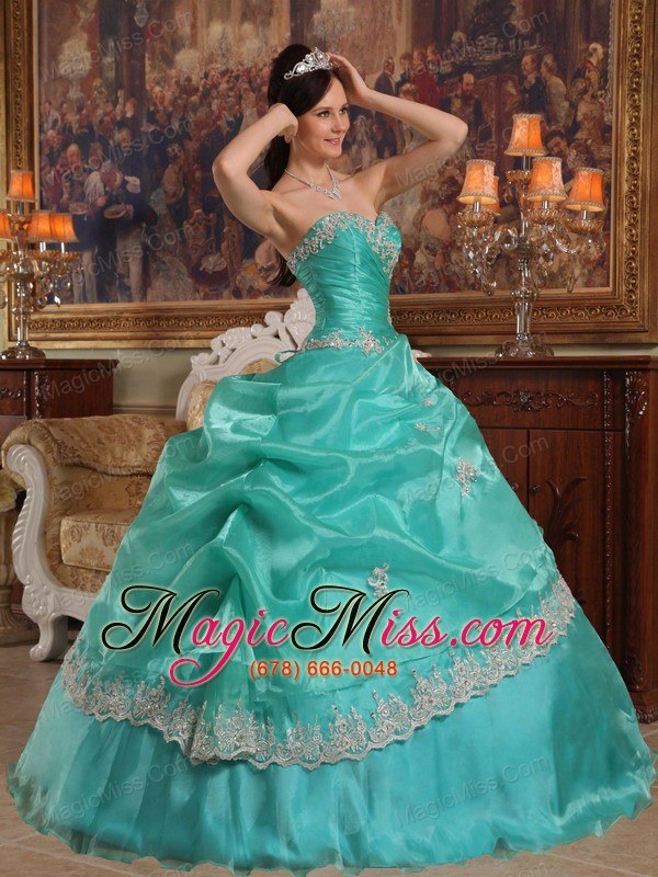 wholesale aqua blue ball gown sweetheart floor-length appliques organza quinceanera dress