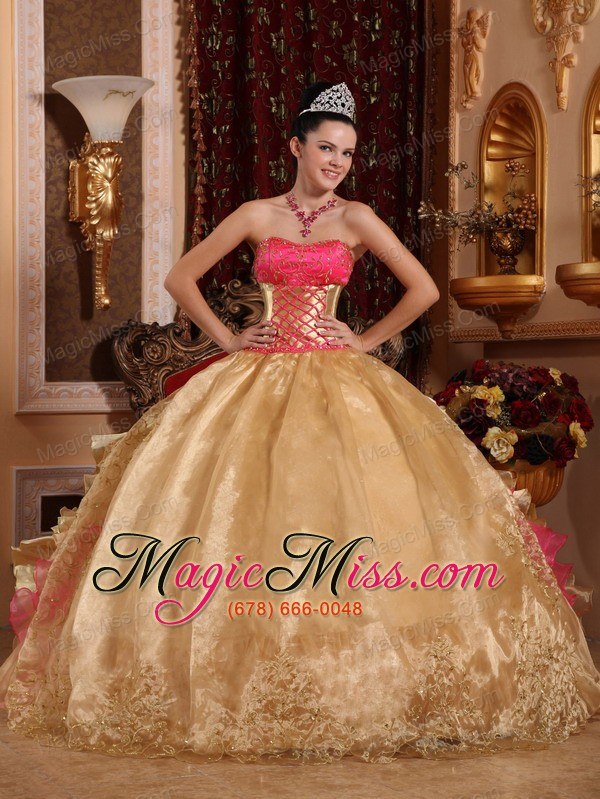 wholesale gold ball gown strapless floor-length organza embroidery quinceanera dress