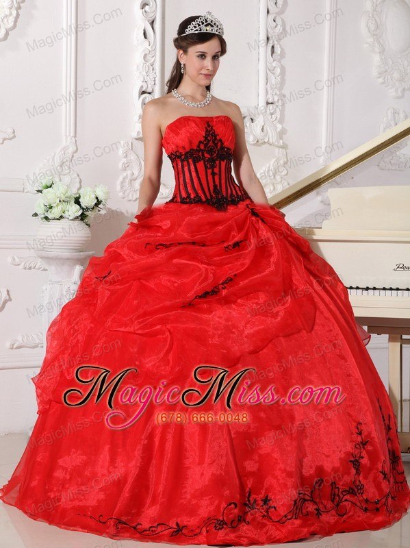 wholesale red and black ball gown strapless floor-length organza appliques quinceanera dress