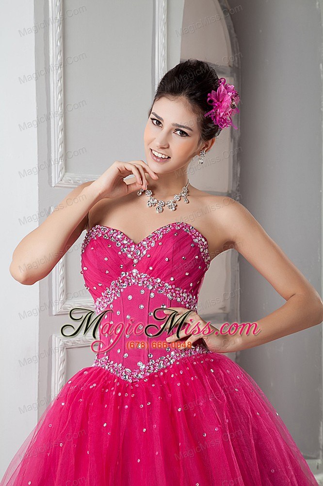 wholesale hot pink ball gown sweetheart floor-length tulle beading quinceanera dresss