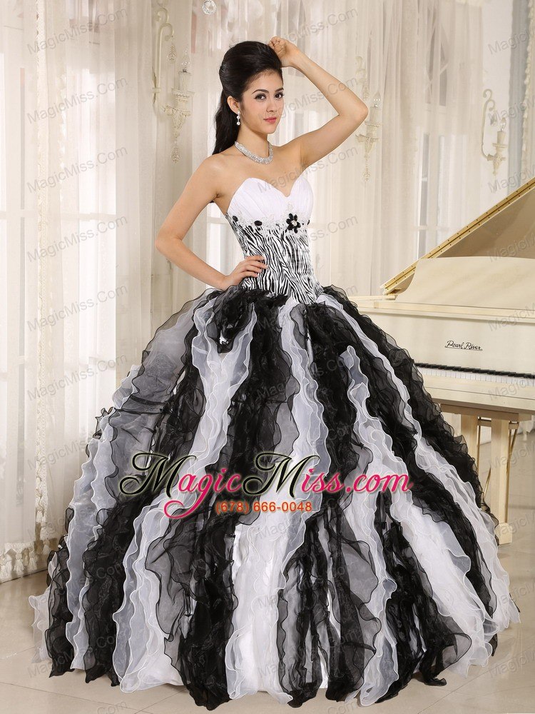 wholesale white and black ruffles quinceanera dress with appliques sweetheart for custom made in honolulu city hawaii