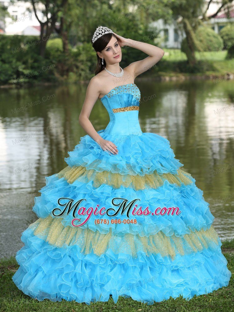 wholesale beaded decorate bust sequins organza aqua blue and yellow strapless floor-length tiered sweet quinceanera dress for 2013
