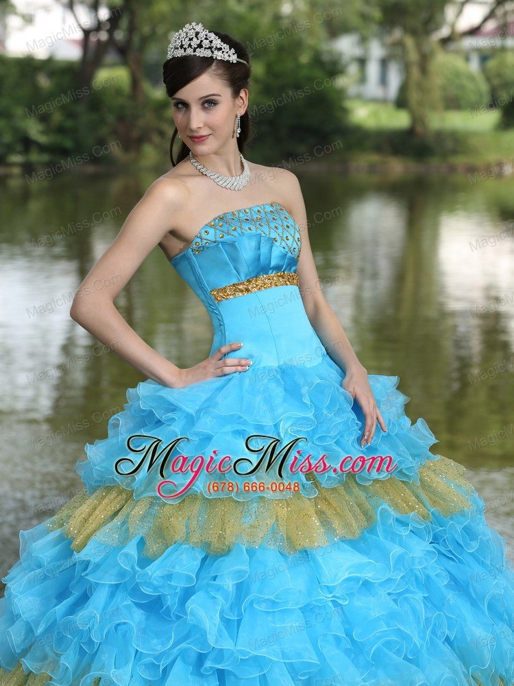 wholesale beaded decorate bust sequins organza aqua blue and yellow strapless floor-length tiered sweet quinceanera dress for 2013