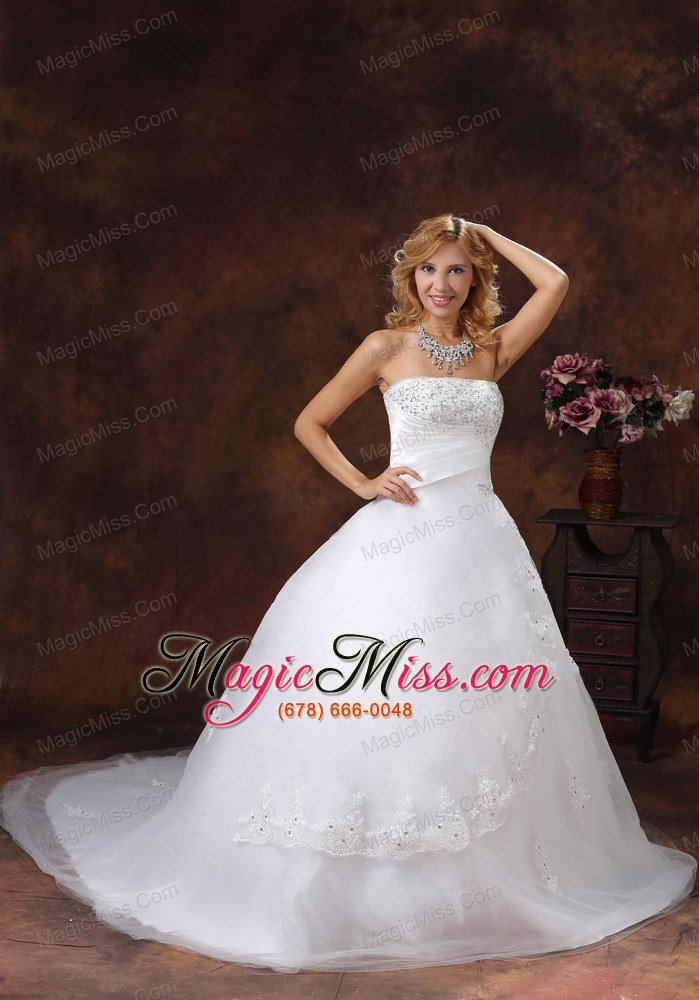 wholesale appliques and beading decorate bodice ball gown wedding dress for 2013 strapless chapel train