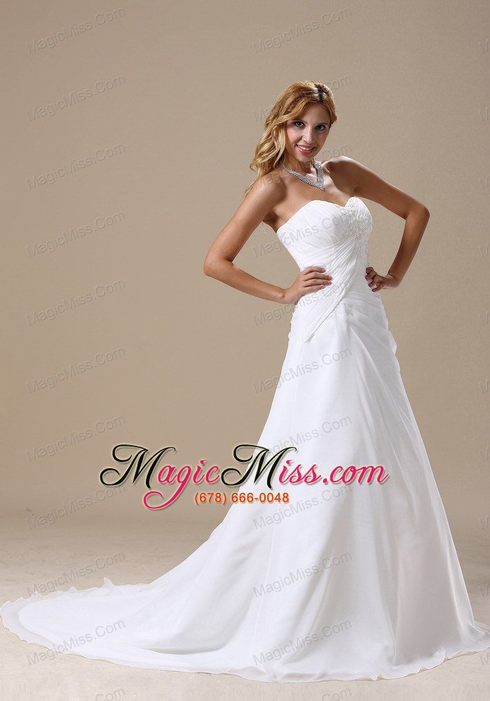wholesale wedding dress with ruched bodice and appliques chiffon custom made
