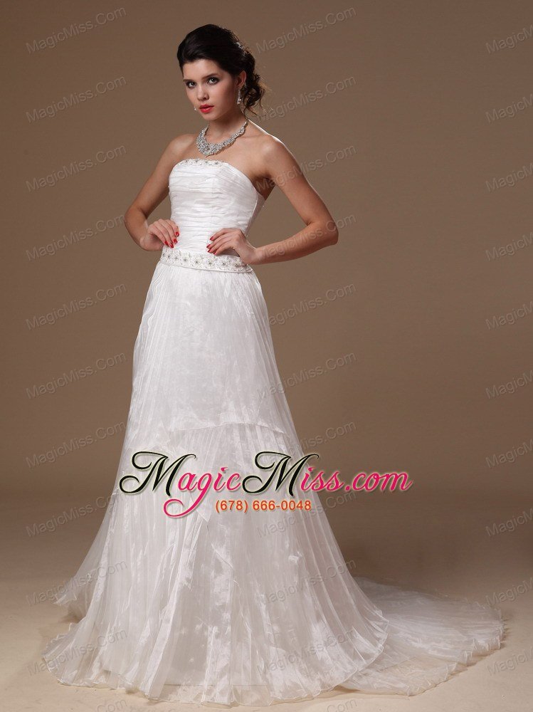 wholesale organza strapless beaded decorate waist a-line court train custom made 2013 wedding dress