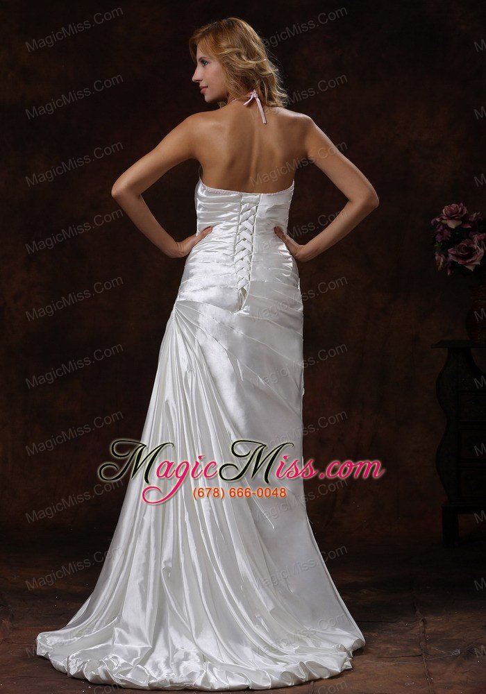 wholesale halter neckline ivory wedding dress with brus train satin ruch decorate