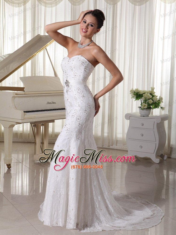 wholesale sweetheart court train sheath wedding gowns with beading over bodice lace and elastic woven satin