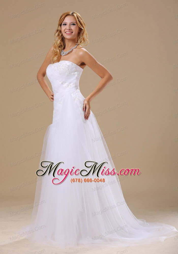 wholesale appliques with beading decorate bodice tulle strapless brush train 2013 wedding dress