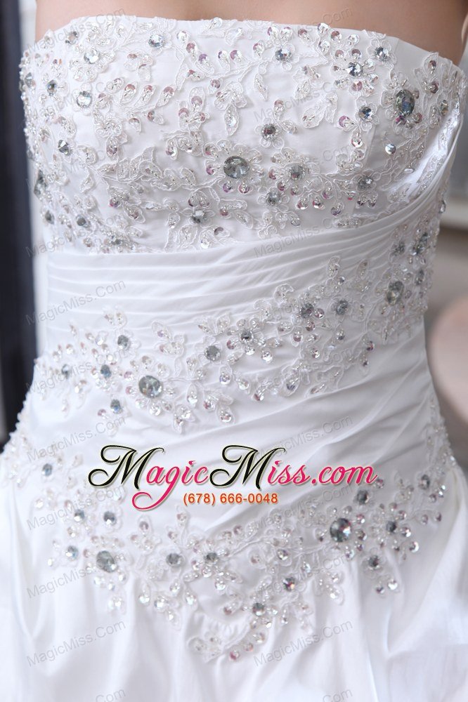 wholesale affordable a-line strapless court train organza beading and appliques wedding dress