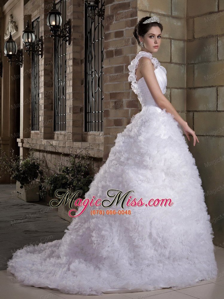 wholesale popular a-line one shoulder brush train taffeta and tulle hand made flowers wedding dress