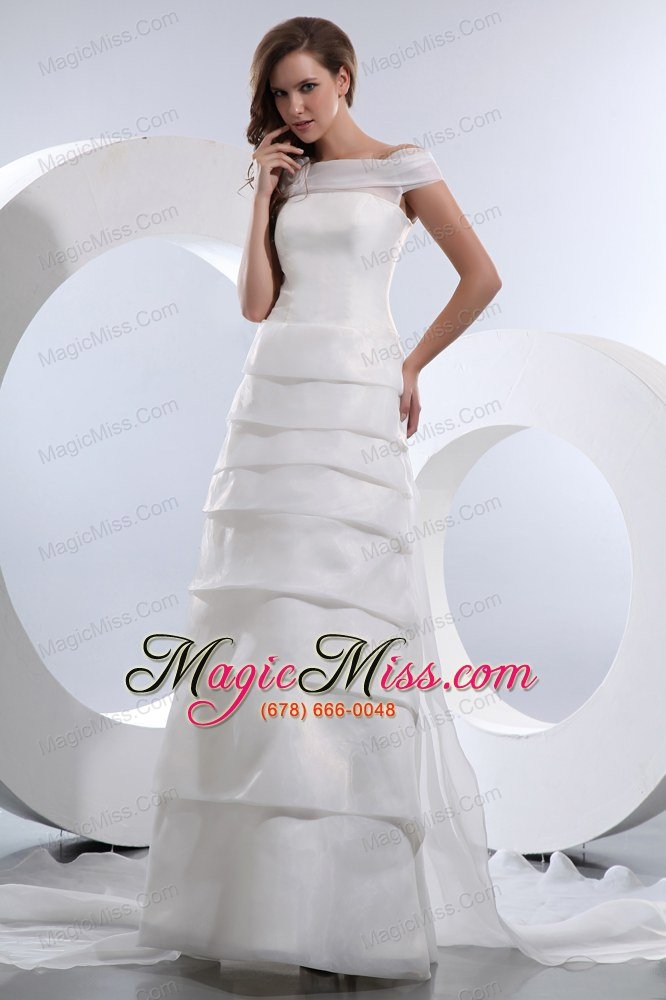 wholesale simple a-line off the shoulder chapel train satin and organza hand made flower and ruffled layers
