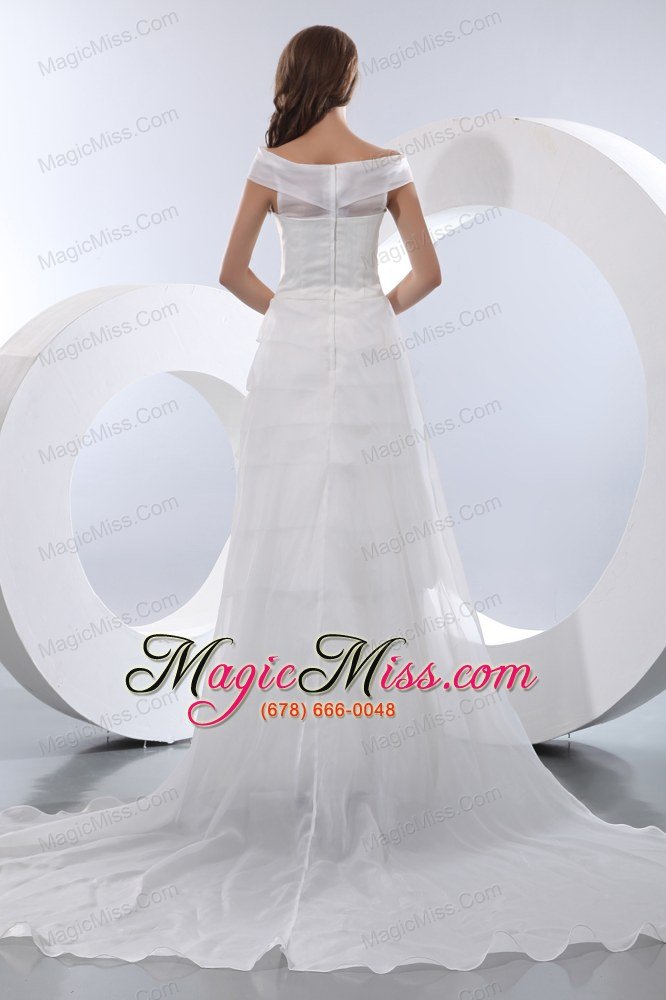 wholesale simple a-line off the shoulder chapel train satin and organza hand made flower and ruffled layers