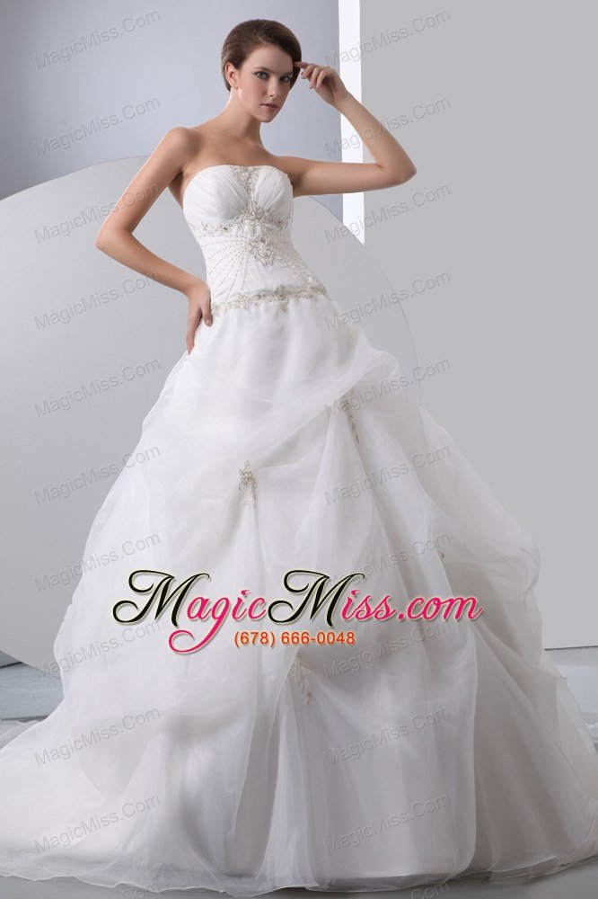 wholesale popular a-line strapless chapel train taffeta and organza appliques with beading wedding dress