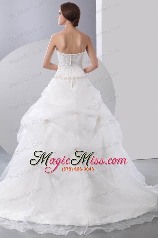 wholesale popular a-line strapless chapel train taffeta and organza appliques with beading wedding dress
