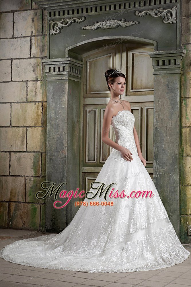 wholesale custom made a-line strapless chapel train lace wedding dress