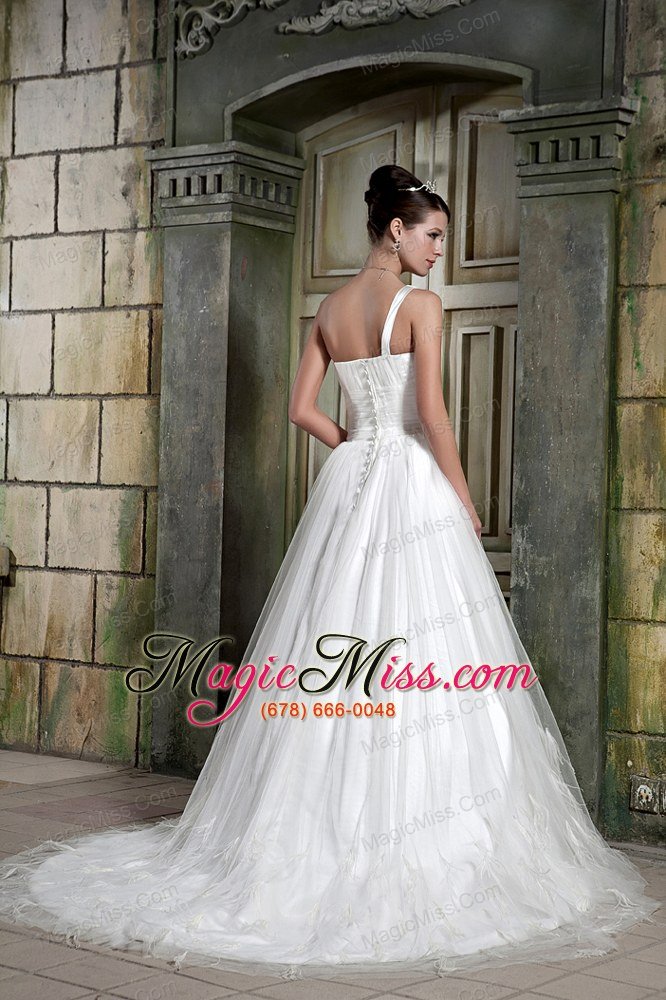 wholesale beautiful a-line one shoulder court train tulle and taffeta feather wedding dress