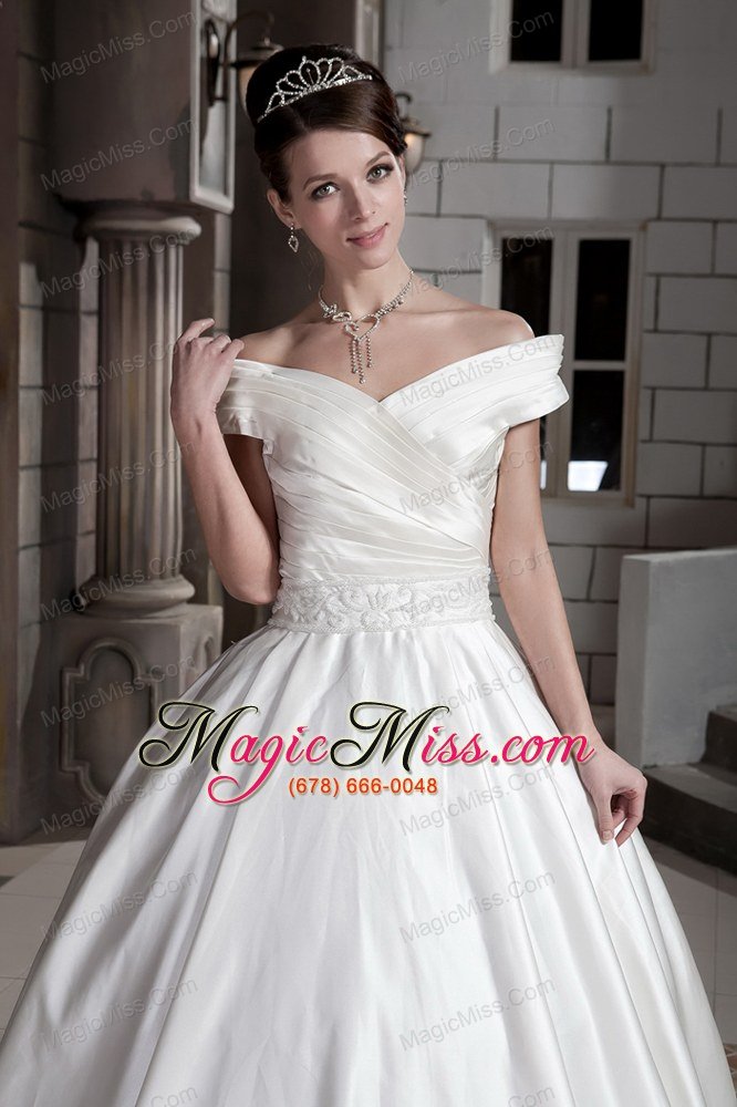 wholesale new a-line / princess off the shoulder court train satin ruch wedding dress