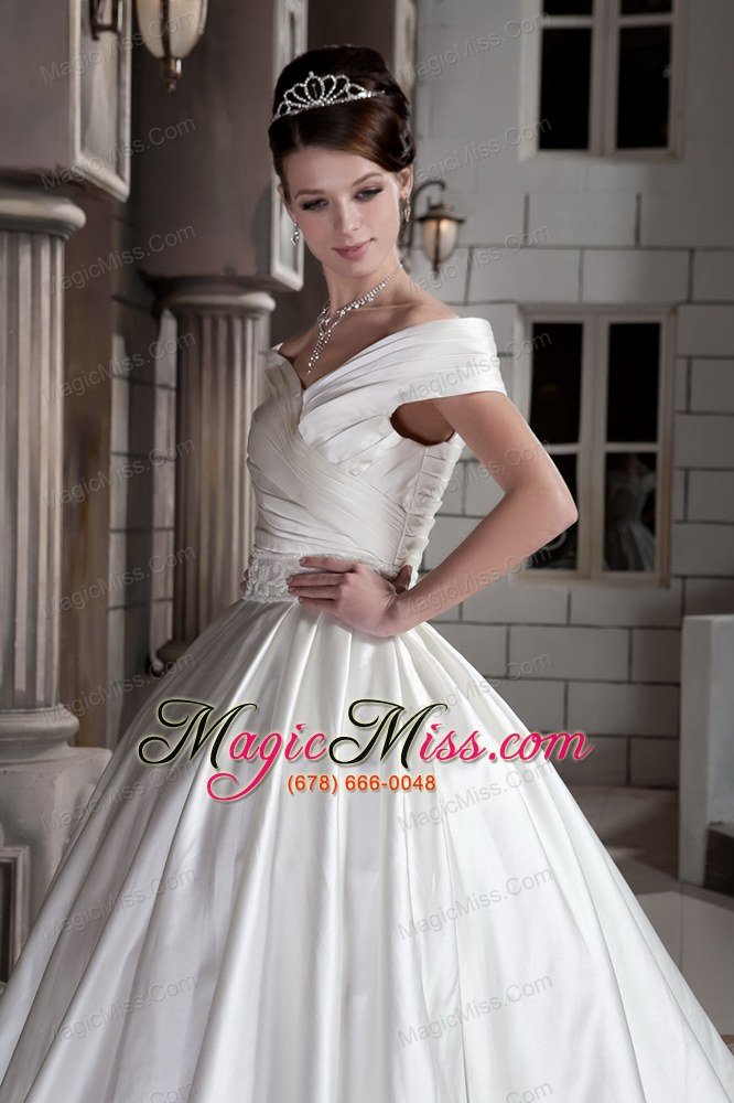 wholesale new a-line / princess off the shoulder court train satin ruch wedding dress