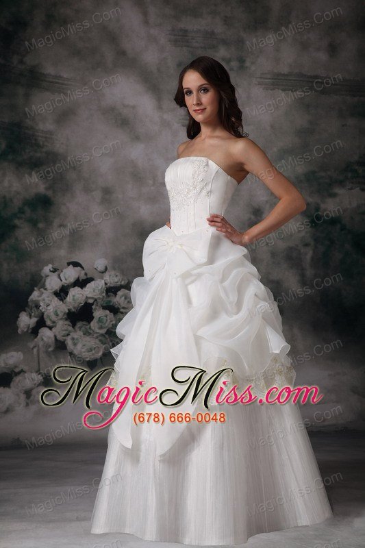wholesale romantic a-line strapless floor-length organza appliques wedding dress