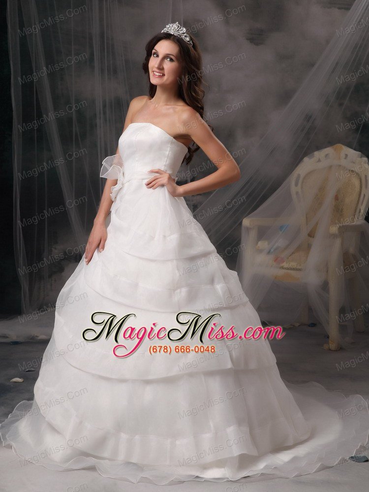 wholesale affordable a-line strapless court train organza handle flowers wedding dress