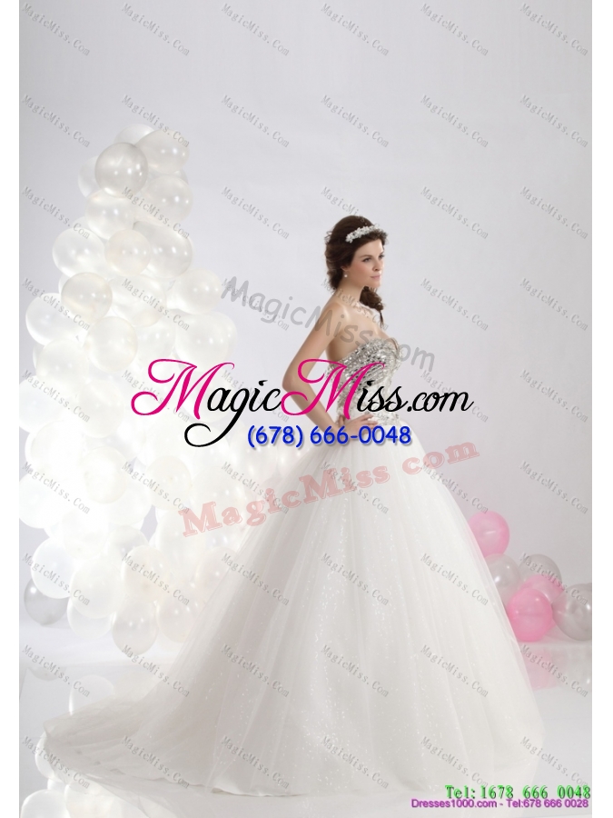 wholesale 2015 ruffled white sweetheart wedding dresses with brush train and rhinestone