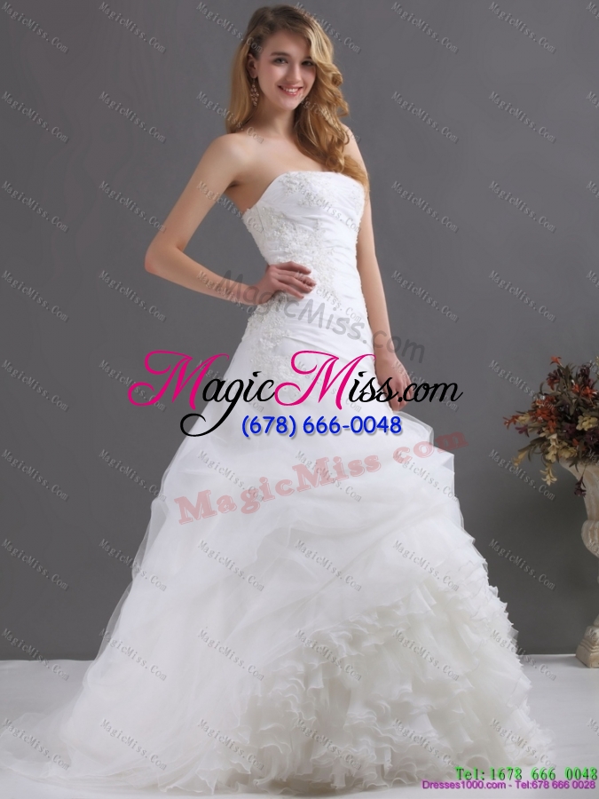 wholesale 2015 perfect ruffles strapless white wedding dresses with hand made flower