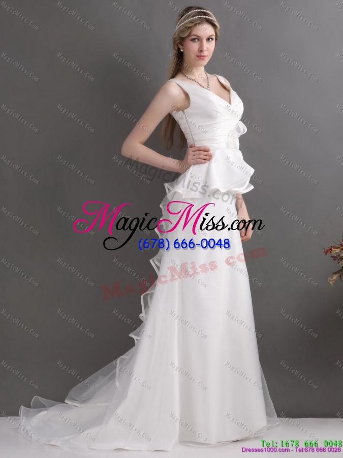 wholesale ruching white v neck ruffled 2015 wedding dresses with brush train