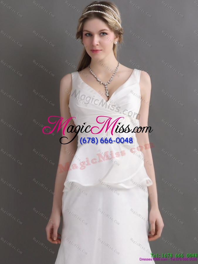 wholesale ruching white v neck ruffled 2015 wedding dresses with brush train