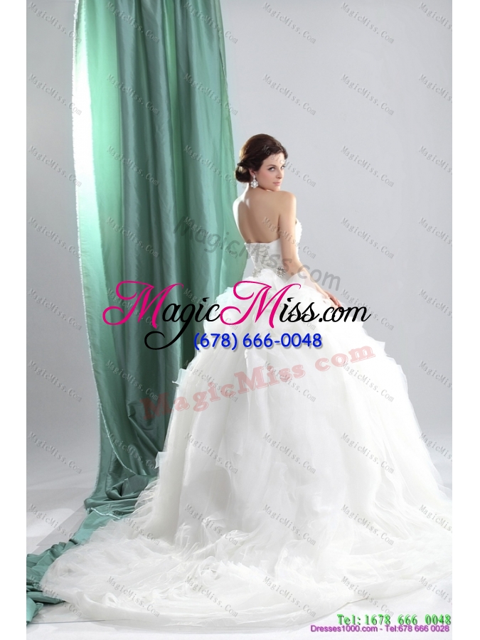 wholesale 2015 white sweetheart ruching wedding dresses with brush train and beading