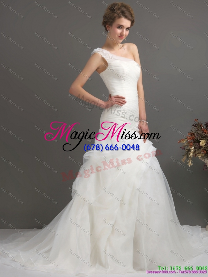 wholesale 2015 modest one shoulder wedding dresses with ruching and hand made flowers