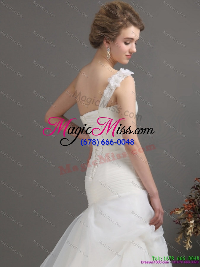 wholesale 2015 modest one shoulder wedding dresses with ruching and hand made flowers