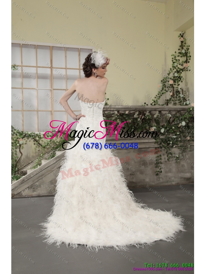 wholesale 2015 new style strapless wedding dress with lace and  feather