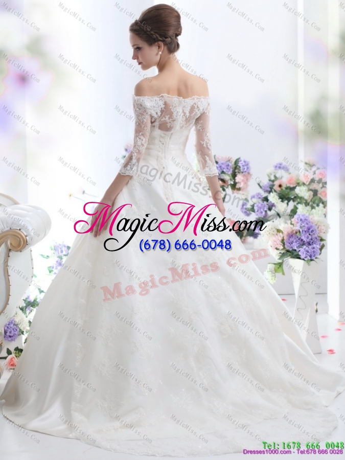 wholesale 2015 elegant off the shoulder wedding dress with three fourthes  length sleeve