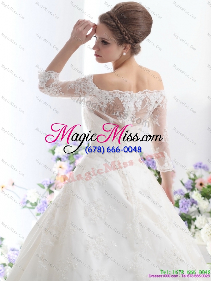 wholesale 2015 elegant off the shoulder wedding dress with three fourthes  length sleeve