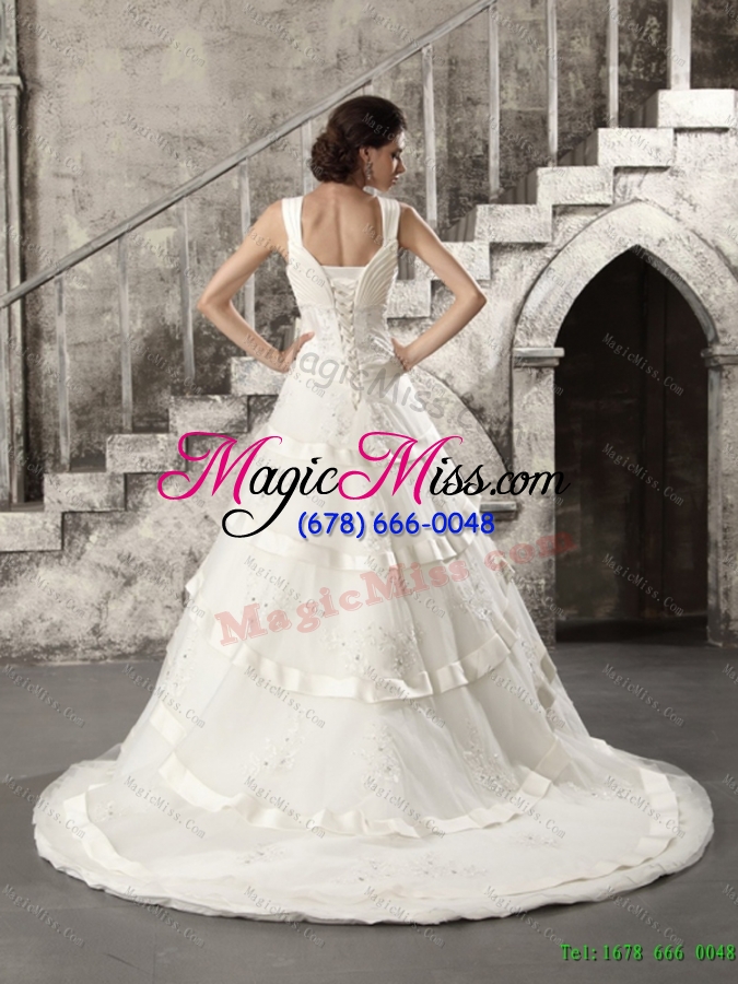 wholesale 2015 beaded brush train ruched wedding dresses in white