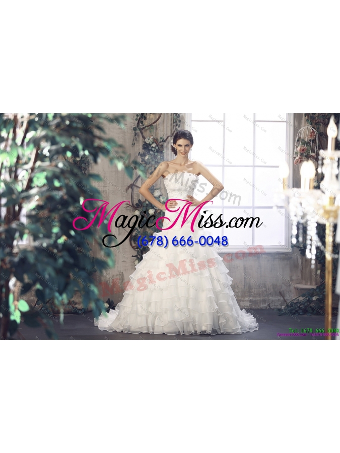 wholesale 2015 strapless white bridal gowns with ruffled layers and court train
