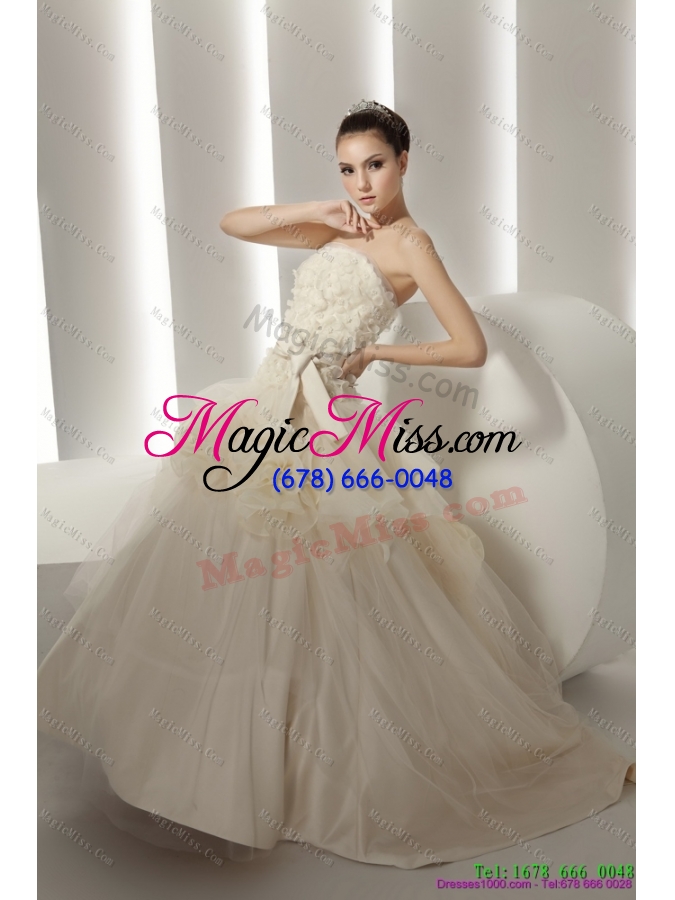 wholesale 2015 popular ruffled white wedding dresses with rolling flowers