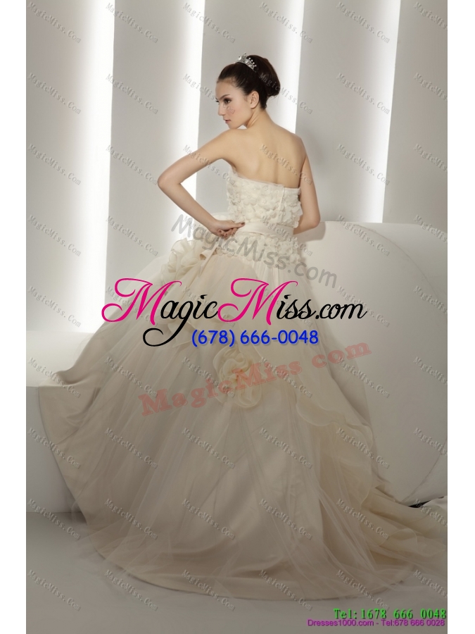 wholesale 2015 popular ruffled white wedding dresses with rolling flowers