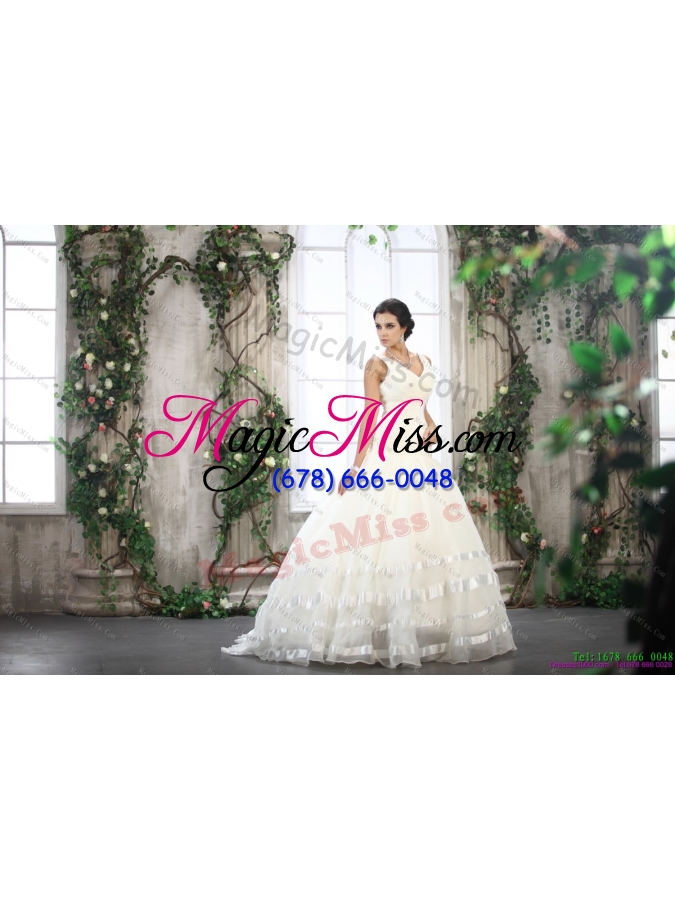 wholesale 2015 beautiful white straps ruffled wedding dresses with brush train