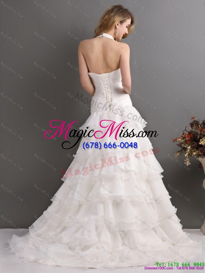 wholesale 2015 white halter top beading wedding dresses with ruffled layers and brush train