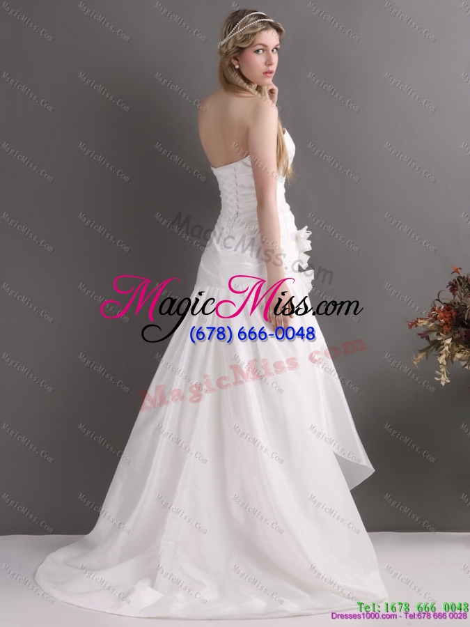 wholesale 2015 white brush train sweetheart ruching  wedding dresses with hand made flowers