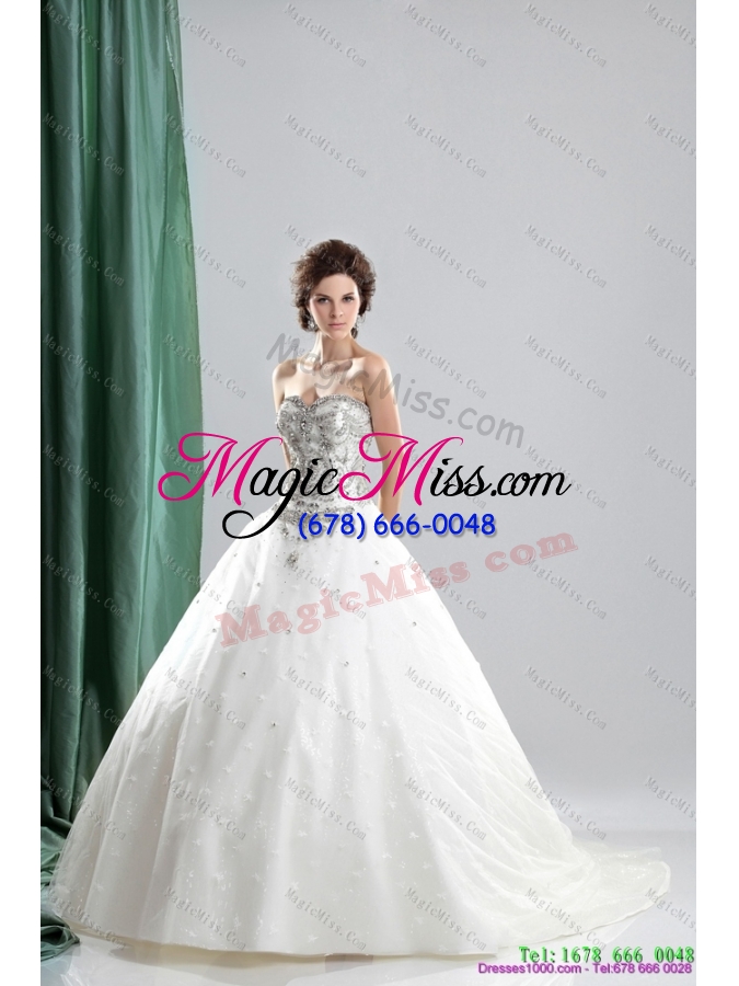 wholesale 2015 white sweetheart rhinestones wedding dresses with chapel train and ruffles