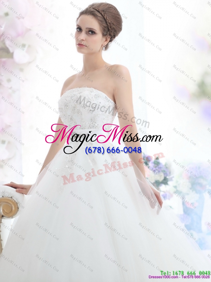 wholesale 2015 popular strapless beading wedding dress with brush train